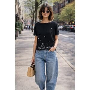 Christopher & Banks Cotton Sweater W/Hand Embroidered Spring Garden Scene Sz M